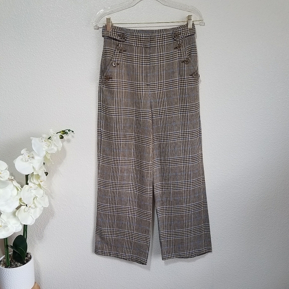 Veronica Beard Hunter Plaid Wide Leg Linen Blend Cropped Pants - Picture 2 of 14